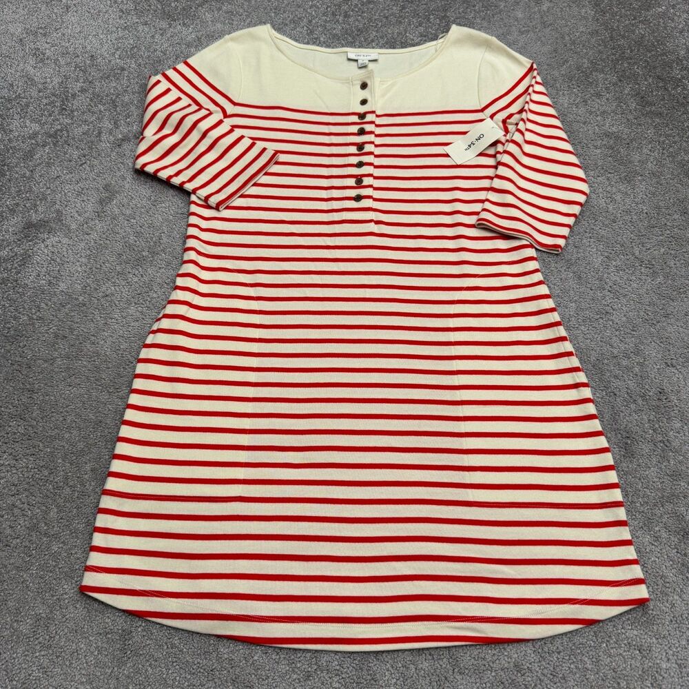 On-34th Henley T-Shirt Dress Womens Medium Red Cream Striped 3/4 Sleeve Cotton
